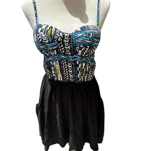 FOLLOW. NWT. M. Blue Tribal Printed mini, spaghetti strap dress.‎ Hand made.